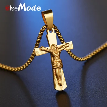 ELSEMODE Križ Ogrlica Križani Jezus Obesek Ogrlice Zlato Titana iz Nerjavečega Jekla Moški Ženske Katoliške Nakit Poročno darilo