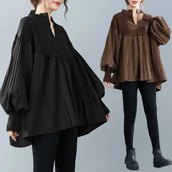 Moda Svoboden Bluzo Plus Velikost Ženske Majica Elegantna Dama Vrhovi Pletena Tunika High Street Naguban Ženskih Oblačil Jesen