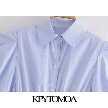 KPYTOMOA Ženske 2021 Elegantna Moda Prugasta Naguban Mini Shirt Obleko Letnik Puff Rokav Gumb-up Ženske Obleke Vestidos Mujer