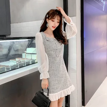 Koreja Pomlad Jesen Ženske Flare Dolg Rokav Mini Tweed Obleko Elegantno Šifon Mozaik Vestidos Morska Deklica Priložnostne Obleko Haljo Femme