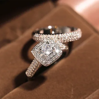 Trdne 925 Sterling Srebro luksuzni Diamanti poročni Prstani set za poročne Ženske Angažiranosti prst božično darilo Nakit