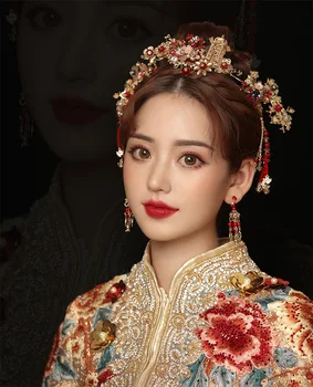 Kitajski rdeče kroglice dolgo lasnice glavnik uhani tiara red Preprostih Vzdušje Kažejo Korak coronte poroka, nevesta, lase, nakit