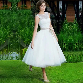 Vestido De Noiva 2021 Bele O-Vratu Čipke Kratka Poročne Obleke Brez Rokavov Mid-Tele Dolžine A-Line Poročne Obleke Haljo Mariage