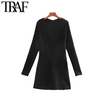 TRAF Ženske Vintage Stilom Osnovne Naguban Plašč Mini Obleko Modne O Vratu Dolg Rokav Nazaj Zadrgo Ženske Obleke Vestidos Mujer
