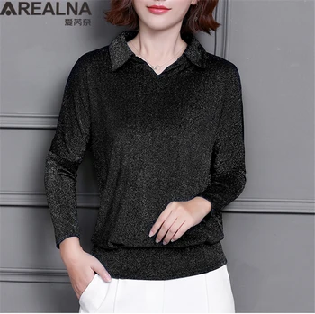 Korejski Moda Sijoče Lurex žensko Bluzo Majica Plus Velikost Bat-Rokav Bluzo Slim Bleščica Zavoj navzdol Ovratnik Lady Vrhovi Camisas Mujer