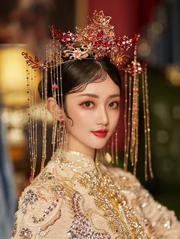 HIMSTORY Najnovejši Kitajski Nevesta Pokrivala Uhan Krono Dolgo Tassel Lase Coronet Phoenix Poročni Dodatki za Lase Lase, Nakit