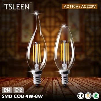 TSLEEN 10pcs/veliko 4W 8W LED Žarnice Žarnica svetlobo E14 Lampada LED 220V 110V Ampul Led Žarnice C35 E12 Starinsko LED Edison Sveče žarnice