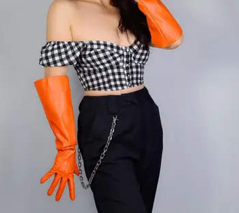Ženska moda in ženske širok rokav pu umetno usnje rokavice lady ' s club uspešnosti formalno stranko usnje oranžna barva rokavice 50 cm R2573