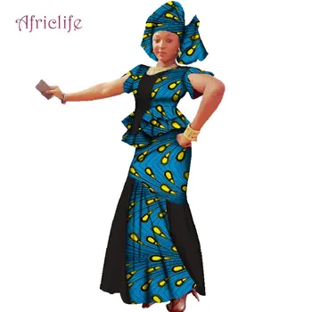 Headwrap Vrh Krilo 3 Kos Set Dashiki Ženske obleke Afriške Vosek Tiskanja Mozaik Obleke Lady Vosek Tiskanja Bombaža Ženski Set WY2431