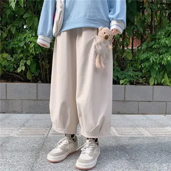 Odrezana hlače ženske srčkan nosi široko noge hlače jeseni kolegij slog Japonski izgubijo vse-tekmo elastična ravno obrezano hlače ženske