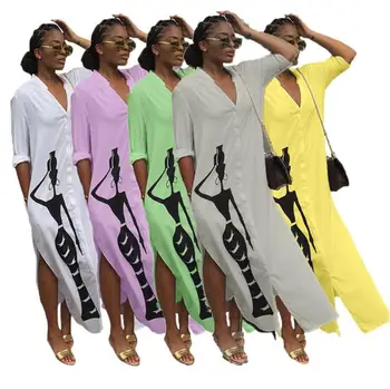 1L042 Poletje Jesen Ženske obleke Seksi Stranke Obleke Vestidos Plus Velikost Dolg Rokav Afriki Print Maxi Dolgimi Rokavi Obleka