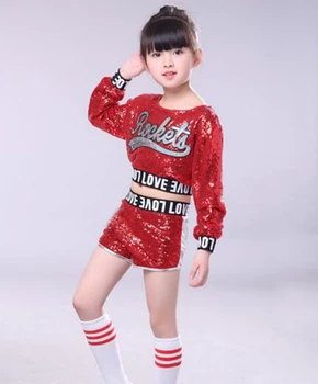 Rdeča Otroci Otrok Bleščica Hip Hop Ples Kostum Sparkly Odru Jazz Plesne Kostume Obleko Dekleta Crop Zgornji del in Hlače