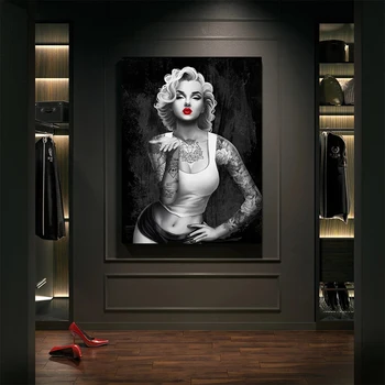Črno Bel Marilyn Monroe Umetniško Platno Slikarstvo Portret Plakatov in Fotografij Hip Hop Tetovaže Dekle Stenskih slikah Sobi Doma Dekor
