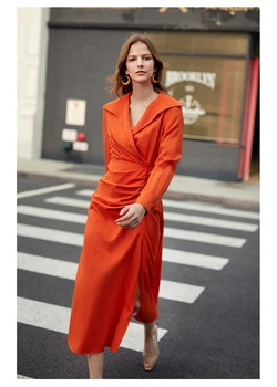 [EAM] Žensk Oranged Naguban Vent Temperament Obleko Novih Proti-Vrat Dolg Rokav Ohlapno Fit Moda Plima Pomlad Jesen 2021 1K892