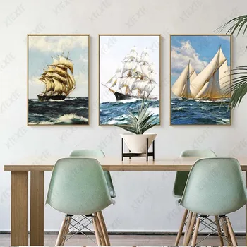 Retro Seascape Plakat Jadranje Čoln Vožnja Z Vetrom in Valovi Platno Slikarstvo Ozadje in Tiskanje Slike Plovila za Dom Dekor