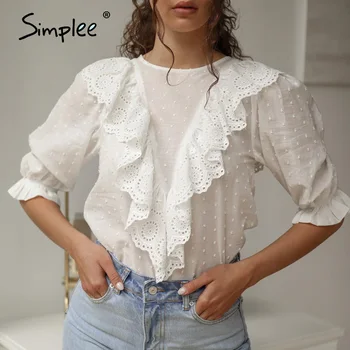 Simplee Seksi votlih iz vezenje ženske vrhovi Puff pol rokav jesenske počitnice nositi bluzo Ogrlicom elegantna bela bluza čipke 2020