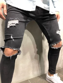 Visoka kakovost stretch moških Kolena Raztrgala Skinny jeans mestnih oblačila punk korejski črno modra denim oblikovalec stiski Joggers Hlače
