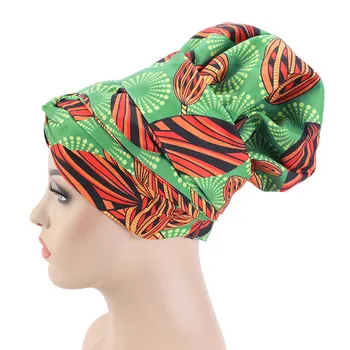 Nove Afriške vzorec saten linned bonnet Z Dolgo Pentljo headwrap Dvojno Plast Headwrap headscarf Ankara Velik obseg Ženske Hairband