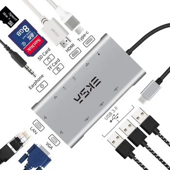 EKSA USB HUB C 10 v 1 Thunderbolt 3 Tip C Adapter USB 3.0 Vrata 4K HDMI je Združljiv VGA priključek RJ45 Gigabit Ethernet Za Macbook Pro