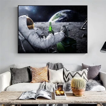 Sodobna Piva Vesolje Zemlja Astronavti Luna Oljna slika na Platnu, Plakati, Tiskanje Wall Art Slik, Dnevna Soba dekor
