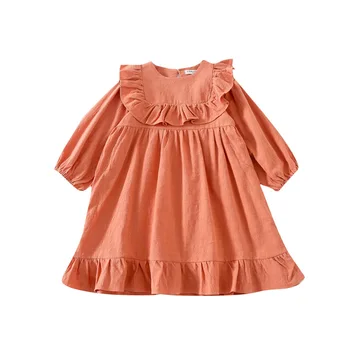 2020 Jeseni Novo Otrok Long Sleeve Solid Color Bombaž Moda Obleko Baby Otroci Luštna Dekleta Ruched Princesa Obleko Malčka Oblačila