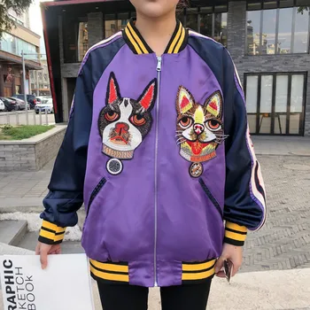 Ženska Harajuku Saten Suknjič Pes Vezenje Baseball Plašč Hit Barve Uniform BF Kratko Jopico Vrhovi Bomber 2018 Ourwear