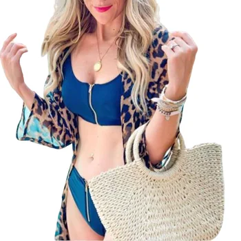 Ženske Leopard Bikini Pokrov-ups Ženski Lady Dekleta Dolgo Kimono Jopico Plus Velikost Šifon Tunika Plaži Nositi Kopalke Kritje