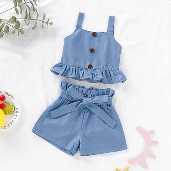 #50 2021 Poletje Moda Baby Toddler Fant Dekle Ruffle Telovnik Vrhovi Trdna Lok Hlače, Obleke Set Oblačila Baby Obleko