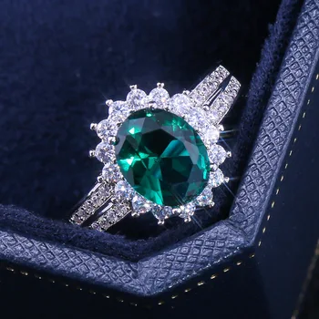 Luksuzni Ženski Velika Zelena Ovalne Obroč Edinstven Slog, Ki Je Srebrne Barve, Vintage Zaročni Prstan Poročni Prstan Obroči Za Ženske