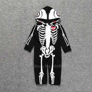 Halloween Okostje Cosplay Kostume za Newborn Baby Boy Hooded Romper Jumpsuit Novost Strašno Lobanje 3D Tiskanja Otrok Gothic Bodysuit
