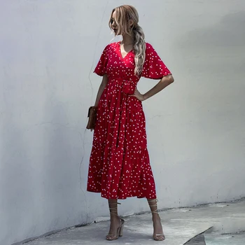 Dolga Obleka Ženske Poletje Priložnostne Polka-dot Cvjetnim Tiskanja Midi Sundresses Črno Elegantno Opremljena Oblačila 2020 Rdeče Obleke Za Ženske