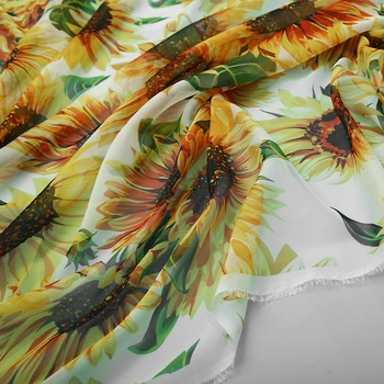 100x145cm Sončnično Natisnjeni Posnemajo Saten Svila ali Šifon Tkanina Za Ženske Poletje Obleko Pajama Bluzo in Hlače DIY Šivanje