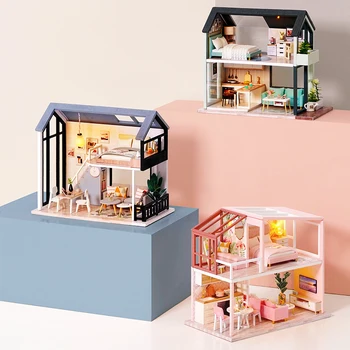 CUTEBEE DIY Lutka Hiša Lesena Lutka Hiše Miniaturni Lutke Pohištvo Komplet z LED Igrače za otroke Božično Darilo QL02