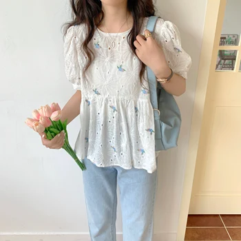 Tujec Kitty Votlih Iz Vezenino Rokavi Ženske 2020 Novo Poletje Korejskem Slogu Elegantno Bluze Za Ženske Kratek Rokav Vrhovi Blusa
