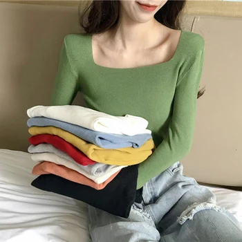 Ženske preprosta, vse-tekmo bluzo priložnostne dolgimi rokavi ženske puloverju kvadratnih vratu jopica visoko stretch znanja pulover