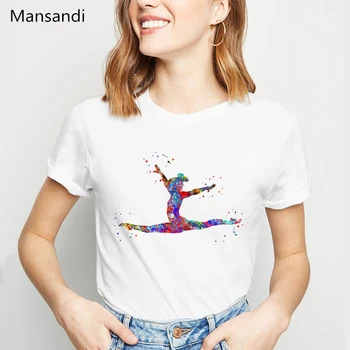 2019 Mavrica akvarel gimnastika print majica s kratkimi rokavi ženske Elegantne Balet Plesna drža design tshirt femme harajuku ulzzang majica