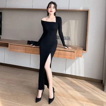 Moda Korejski Elegantne Dame Gumb Režejo Split Klub Obleke Ženska Črna Seksi Dolgimi Rokavi Ženske Bodycon Plesti Obleko