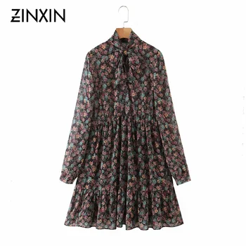 ZINXIN 2020 Jesenska Moda za Ženske Tiskanja Cvetovi Šifon Obleko Lok Kravato Dolg Rokav Dame Elegantno Obleko