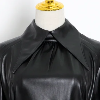 TWOTWINSTYLE Črna Mozaik Bowknot Usnje Obleka Za Ženske River Dolg Rokav Čipke Ruched Obleke Ženska 2020 Moda Nova