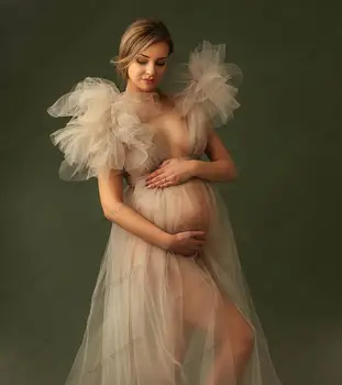 Elegantno Mehkega Tila Porodniškega Obleke Brez Rokavov Zabuhle Dolgo Seksi Glej Po Meri Izdelan Til Porodniškega Oblačilih Za Fotografijo