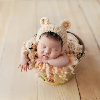 Novorojenček nositi klobuk in igrače nastavite Ročno pletene bombaž ruffle bonnet Novorojenčka fotografija rekviziti Lovey nosi igrače prop