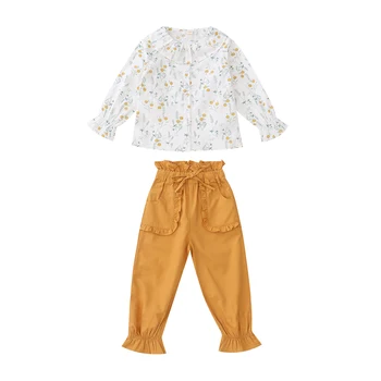 Moda Pomlad Jesen Baby Dekleta Kompleti Oblačil Z Dolgimi Rokavi Cvetlični Lotus Listov Ovratnik Bluzo+Trdni Hlače Otroci Športna Oblačila
