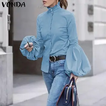 Bluzo Ženske VONDA 2021 Modni Ženski Dolgo Luč Sleeve Solid Vrhovi Femme Priložnostne Blusas Outwear Top Plus Velikost Bela Tunika 5XL