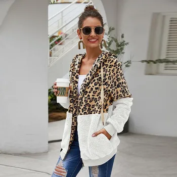 Nove Ženske Jakne Leopard Tiskanja Šivanje Plišastih Kratek Hooded Suknjič Priložnostne Gospe Jeseni Dolgo Sleeved Zadrgo Jopico Coats