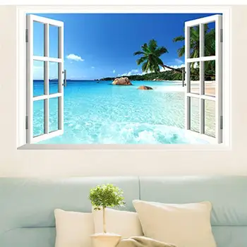 Ustvarjalne vinilna 3D Lažno Okno Plaži Morje Ozadju Izmenljive Zidana Stenske Nalepke za dnevno Sobo Doma Dekor