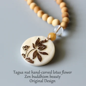 Debelo Obrtnik Design Naravnega Lesa 108mala Ogrlica Z Biseri Tagua Matica Vklesan Lotus Flower Obesek Zen Budizem OM Nakit