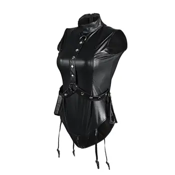 Plus velikost Black Latex Moker Videz Bodycon Catsuit Seksi Umetno Usnje Obleka, Zadrgo PVC Jumpsuit Cosplay Clubwear Ples Kostum