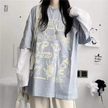 Dolgo rokavi t-shirt ženski jeseni korejska različica ins Japonski pisavi, grafiti tiskanje šivanje ponaredek dve ohlapno študent vrhovi