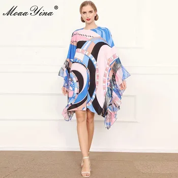 MoaaYina Modni Oblikovalec obleko Jeseni Ženske noše Batwing Rokav Geometrijske Tiskanja Počitnice Svoboden Plus Velikost Obleke