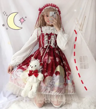 Japonski Kawaii Lolita Obleko Flouncing Čipke Trim Lolita OP Obleko Za Ženske Gotike Risanka Dolg Rokav Princesa čajanka Obleke